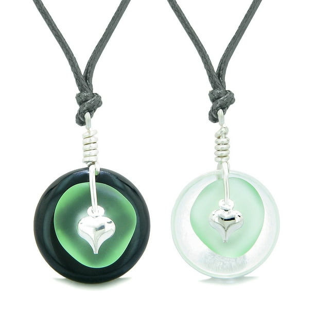 Sea Glass Yin Yang Love Couples BFF Set Mint Green Heart Black Agate Crystal Quartz Donut Amulet Necklaces 